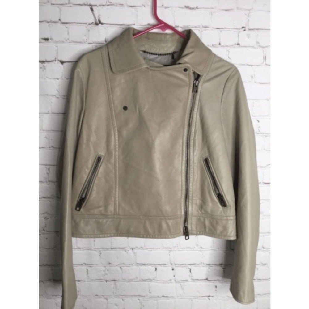 Coach Tan/Beige Asymmetrical Zip Cropped Leather Jacket Women L China Leather